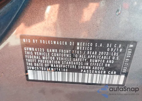 2019 Volkswagen Jetta 1.4T R-Line/1.4T S/1.4T Se from USA, damaged, VIN 3VWC57BU2KM114103